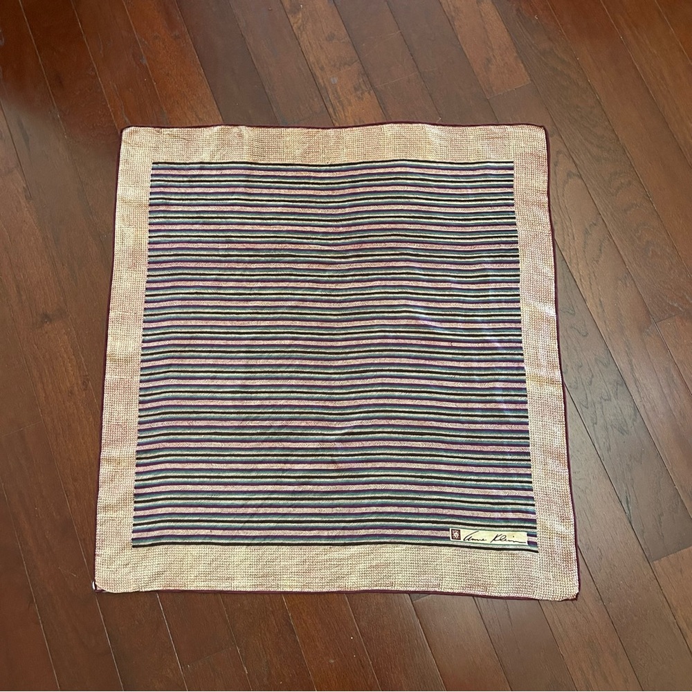 Anne Klein Vintage Silk Scarf Tan Brown Striped 25” Square Made in Japan